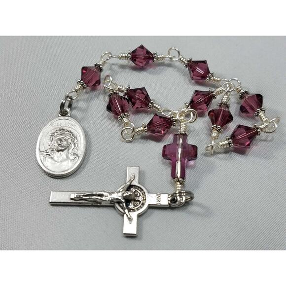 Ecce Homo One Decade Rosary Purple Swarovski Cross St. Benedict Crucifix - Picture 9 of 10